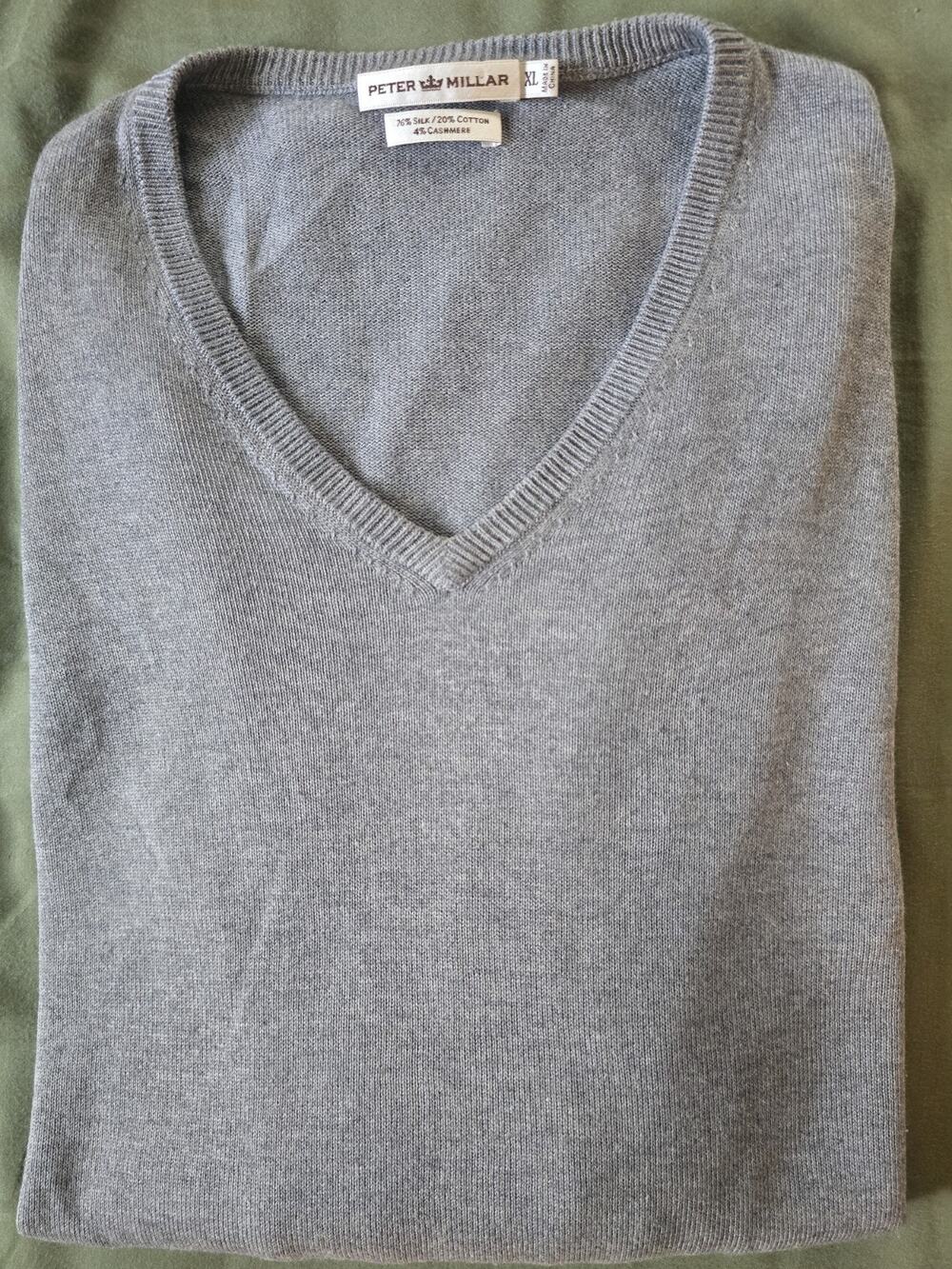 Peter Millar Sweater V-Neck Gray Cashmere Silk Cotton Casual Soft Knit Mens XL